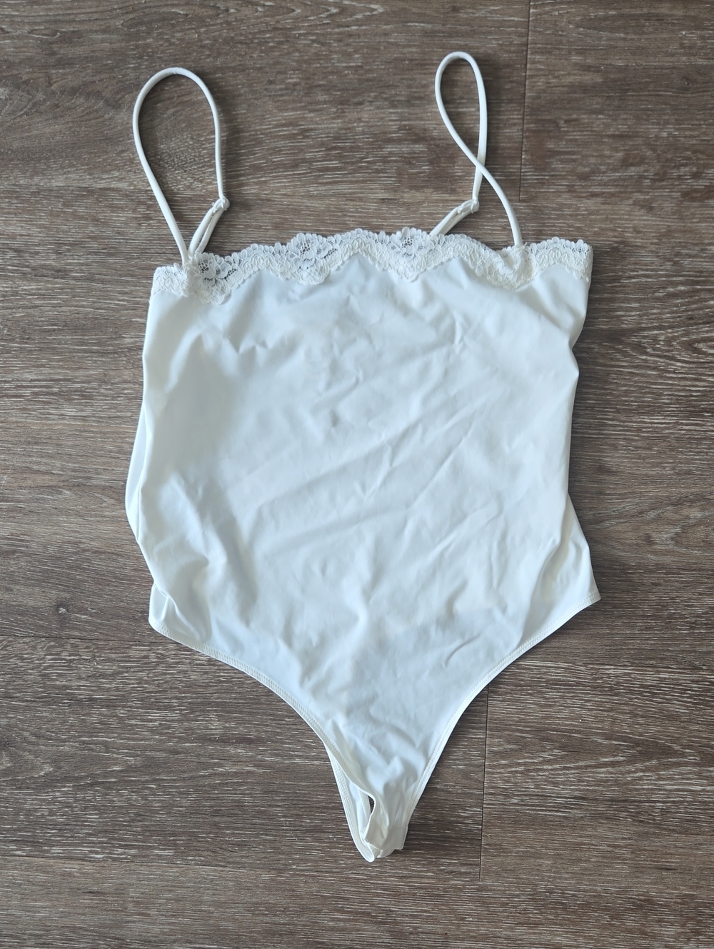 Lace-Trim White Satin Bodysuit